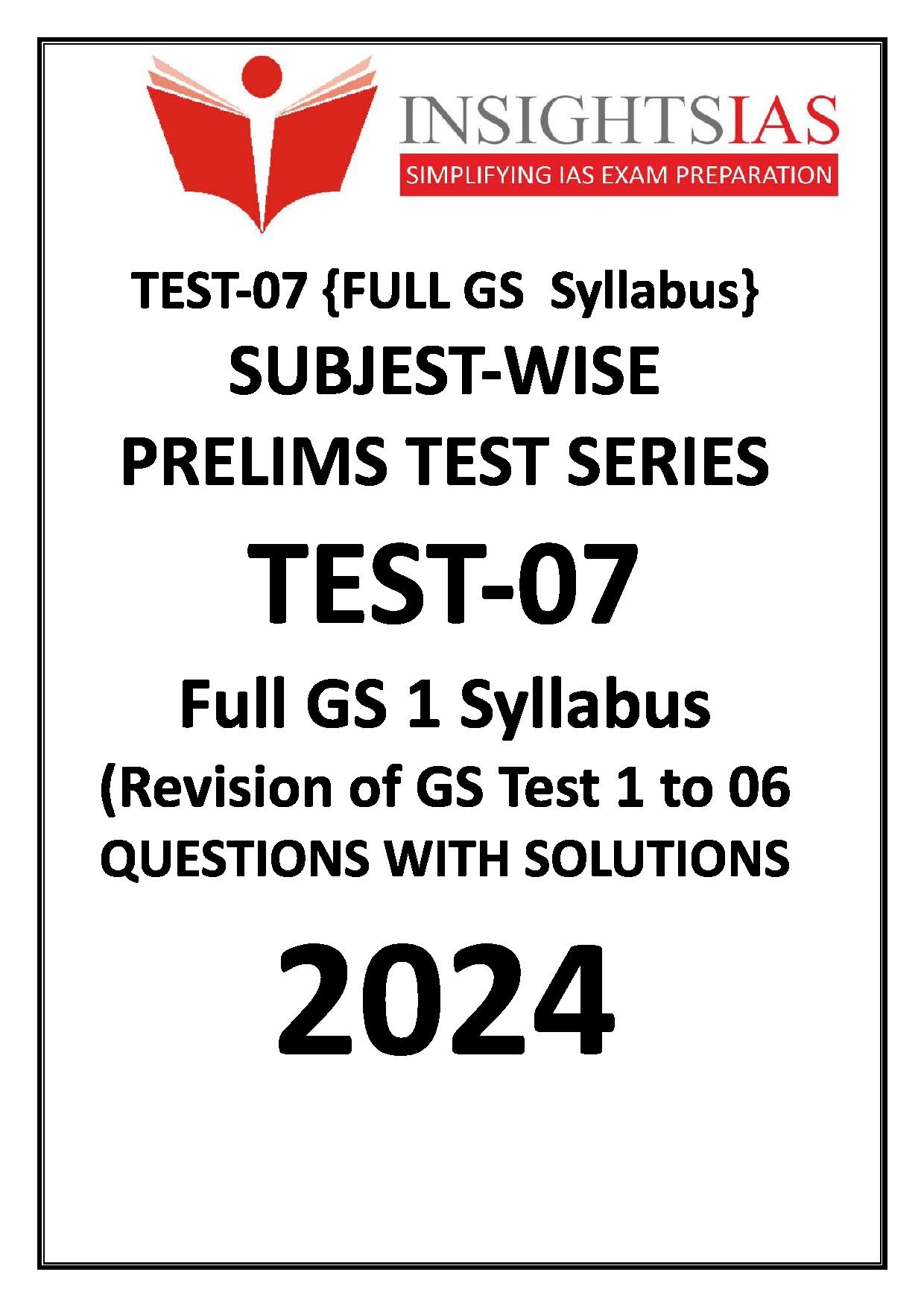 Manufacturer, Exporter, Importer, Supplier, Wholesaler, Retailer, Trader of INSIGHTS IAS SUBJECT WISE PRELIMS TEST SERIES 2024 TEST-07 FULL GS 1 SYLLABUS (Revision of GS Test 1 to 6) Questions with solutions English Medium (Black & White) in New Delhi, Delhi, India.