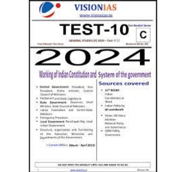 Manufacturer, Exporter, Importer, Supplier, Wholesaler, Retailer, Trader of VISIONIAS TEST-10 GENERAL STUDIES PRELIMS TEST- 2024 - Test - 4135 Working Of Indian Constitution and System Of the government English Medium (Black & White) in New Delhi, Delhi, India.